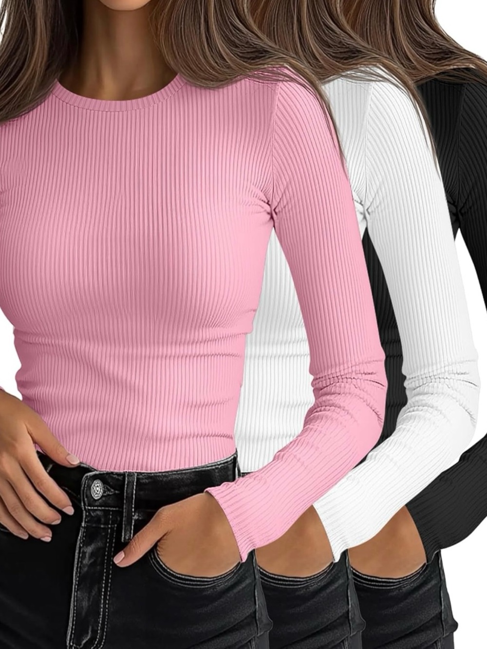Ficerd 3 Pack Ribbed Long Sleeve Tops Pink White Black Women’s Large NWT